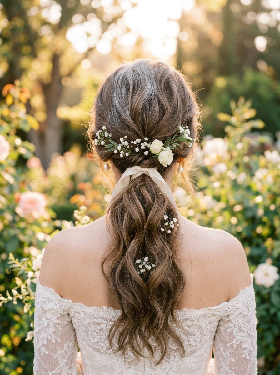 Back view of a bride with wavy hair tied in a ponytail featuring baby's breath flowers and a silk ribbon.