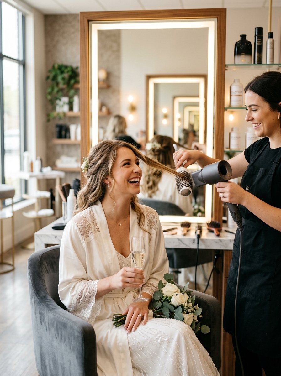 Smiling bride in white robe holding champagne while stylist uses a hair dryer and round brush in a salon.
