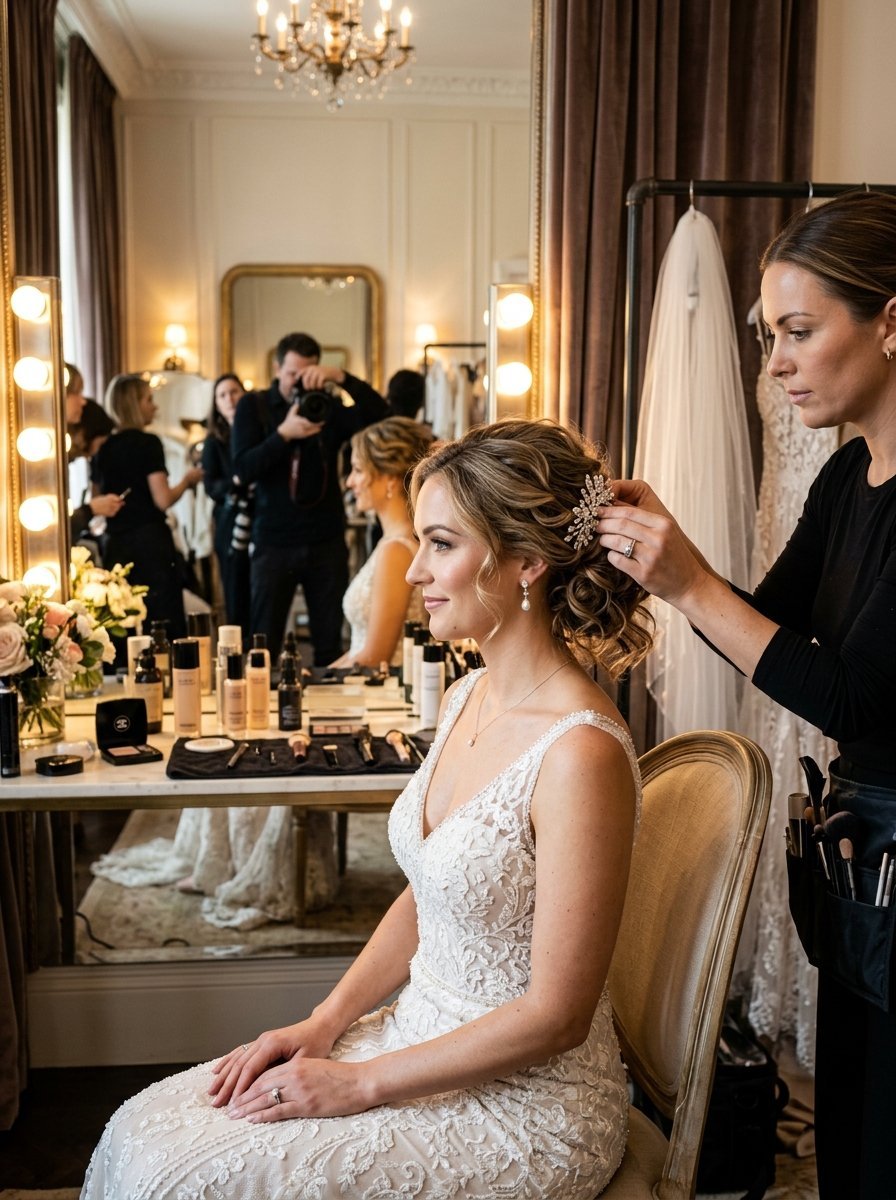 Professional stylist pins a jeweled comb into the hair of a bride wearing a lace wedding dress.