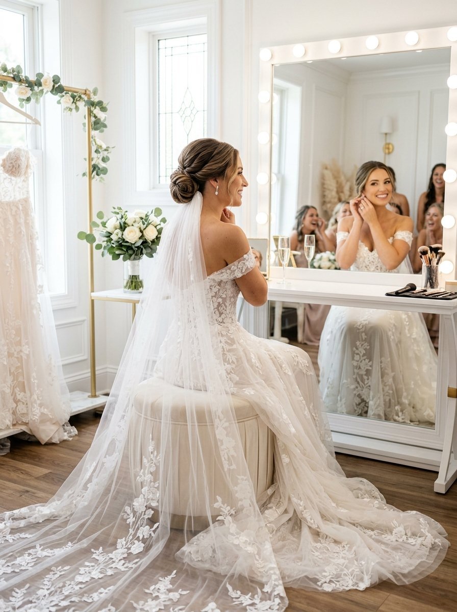 Bride in lace wedding dress sitting at a vanity mirror while her bridesmaids watch in the reflection.