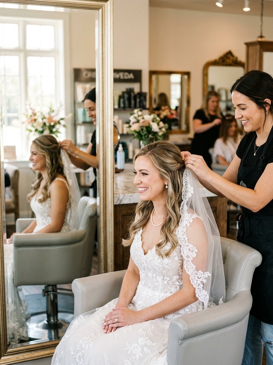 A smiling bride sits in a salon chair while a hairstylist attaches a lace wedding veil to her hair.