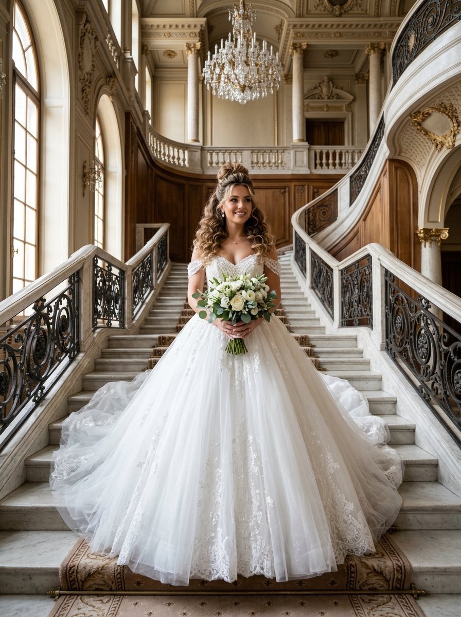 A smiling bride wearing an off-the-shoulder white lace wedding dress holds a floral bouquet on a marble staircase.