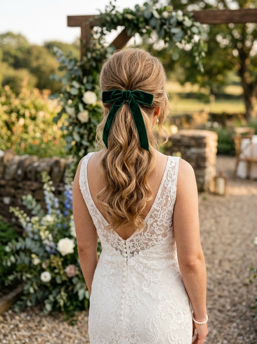 Back view of a bride with wavy hair tied back by a dark green velvet bow in front of a floral arbor.
