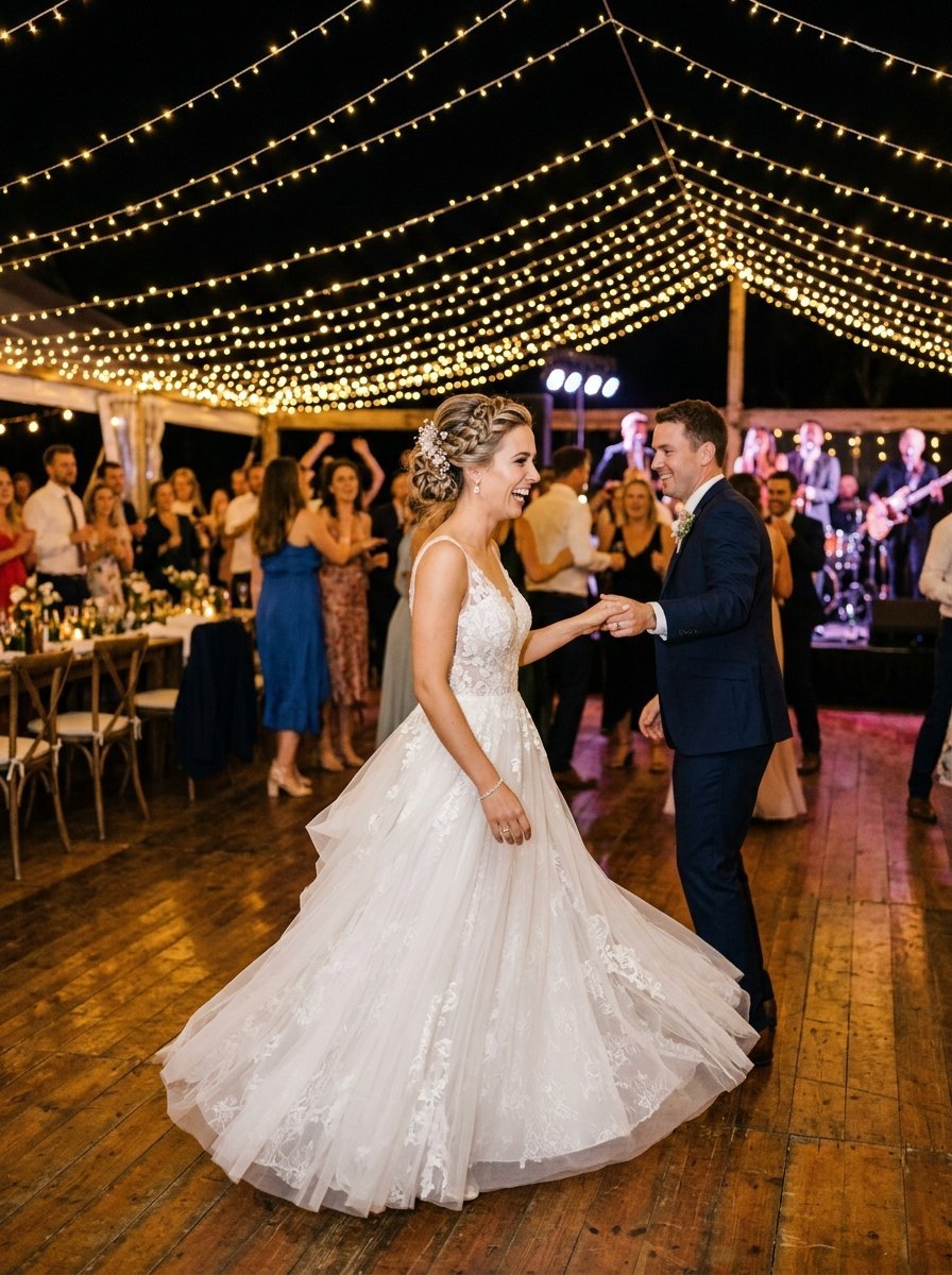 Newlywed couple laughing together while dancing on a wooden floor under rows of glowing string lights.