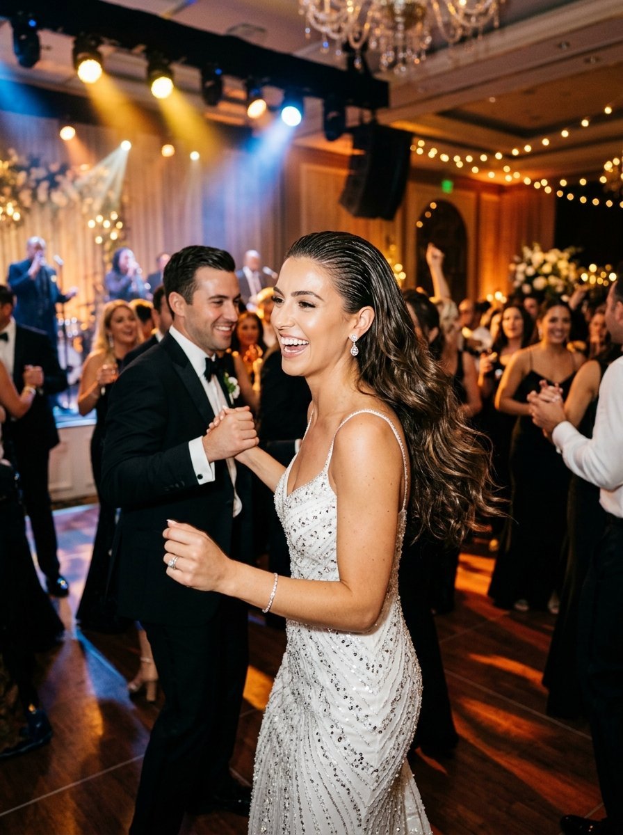 A smiling bride and groom holding hands while dancing on a wooden floor at a brightly lit wedding party.