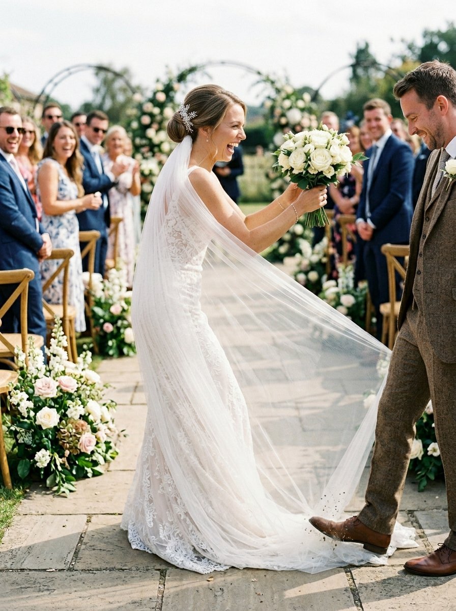 Bride in lace dress holding bouquet and laughing as the groom accidentally steps on her long veil.