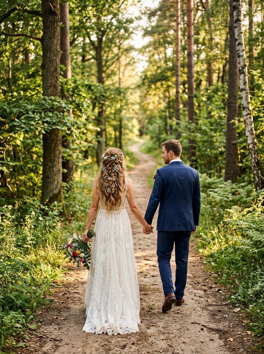 Bride and groom in wedding attire walking away from camera on a dirt path through a forest.