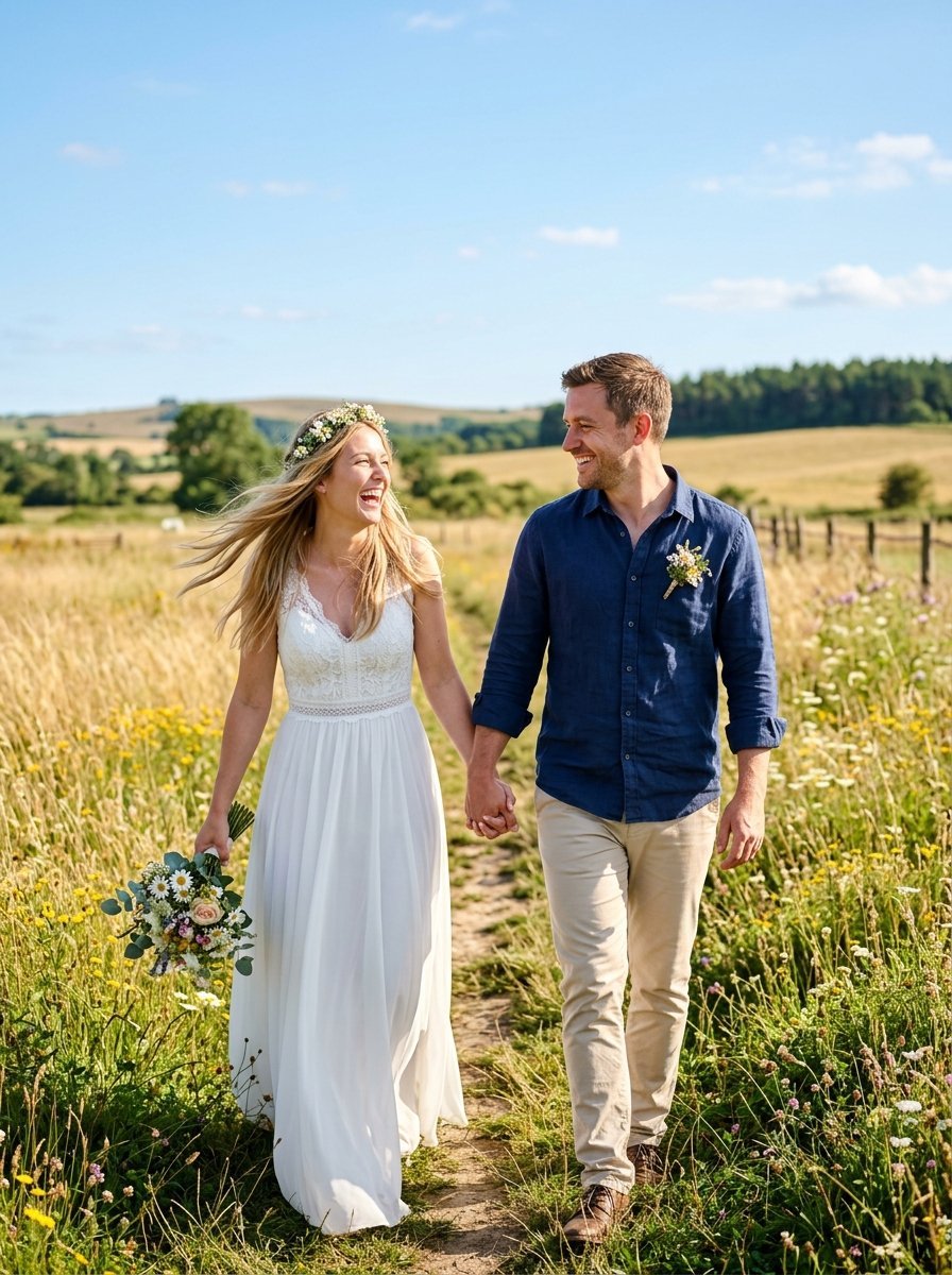 Smiling bride in white lace dress and groom in blue shirt walking together along a rural wildflower path.