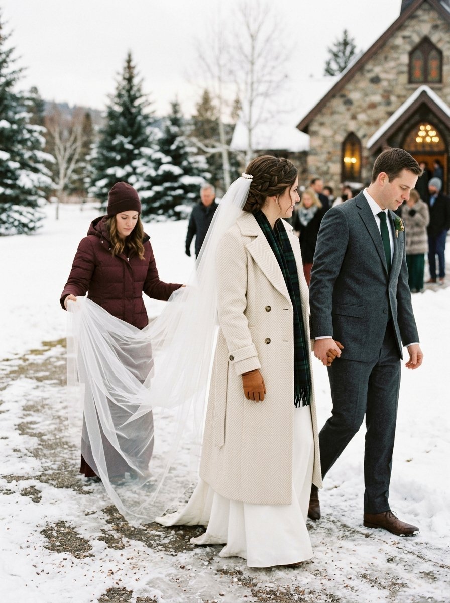 Bridesmaid carrying a long veil as a bride and groom walk together on a snowy path outside a stone church.