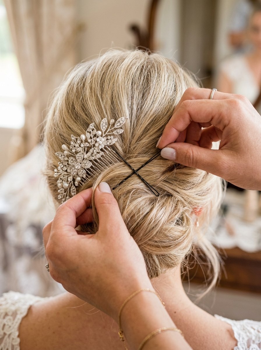 Close-up of hands pinning a floral pearl and rhinestone hair piece into blonde hair styled in a bun.