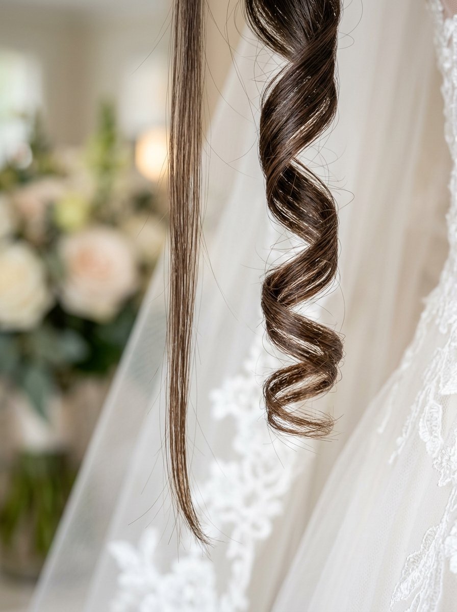 Single brown hair curl hanging next to a delicate lace wedding veil with blurred flowers in the background.