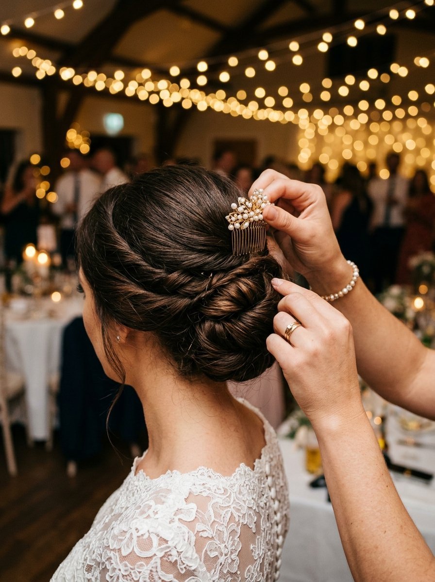A person adjusting a floral pearl hair accessory into the intricate braided hairstyle of a bride at a wedding reception.
