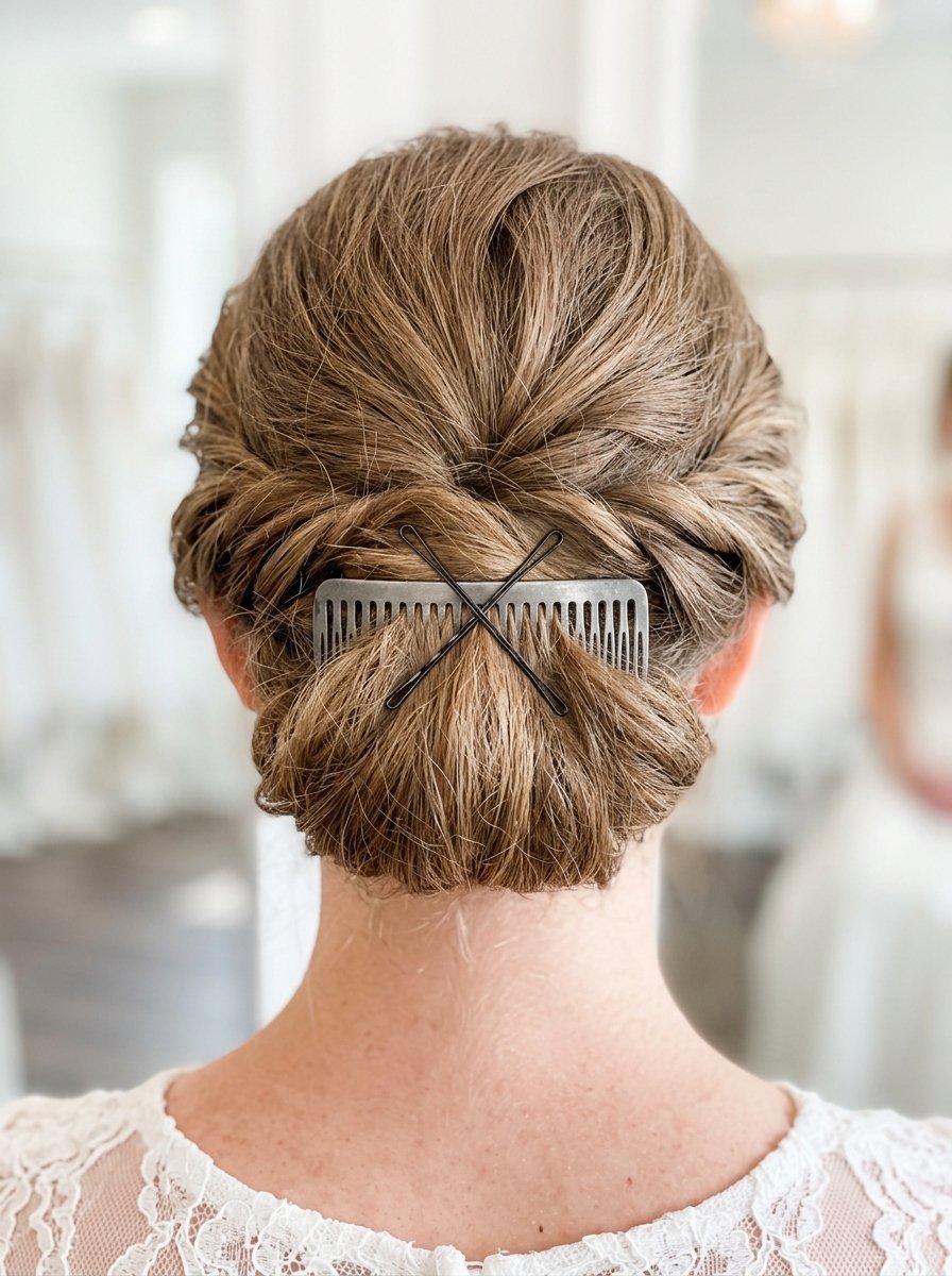 Back view of a woman with braided brown hair styled in a low bun secured with a silver comb and crisscrossed bobby pins.