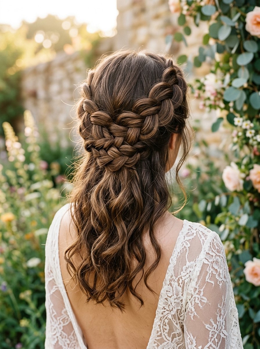 Back view of a woman with long wavy brown hair styled in a decorative interwoven braid.