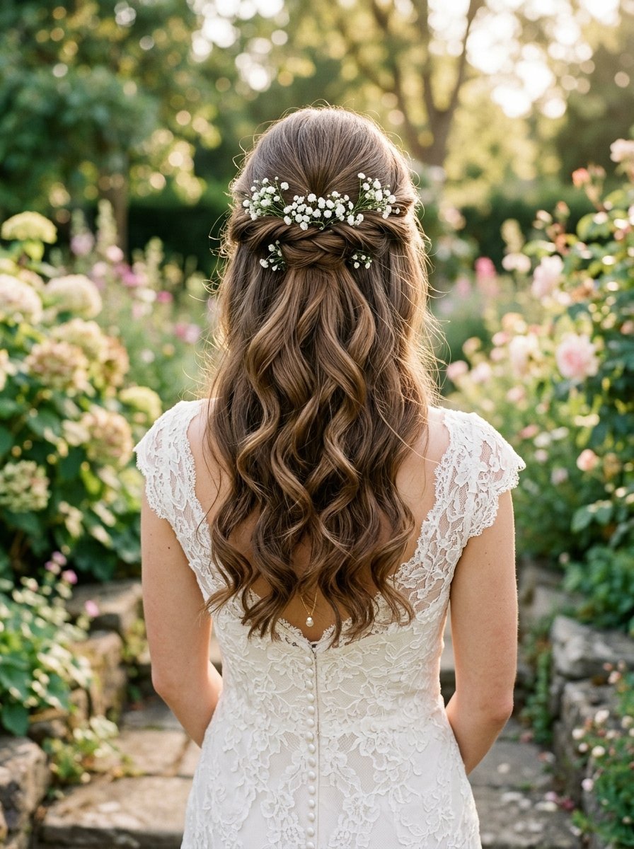 Back view of a bride with wavy hair and white flowers in a sunny garden.