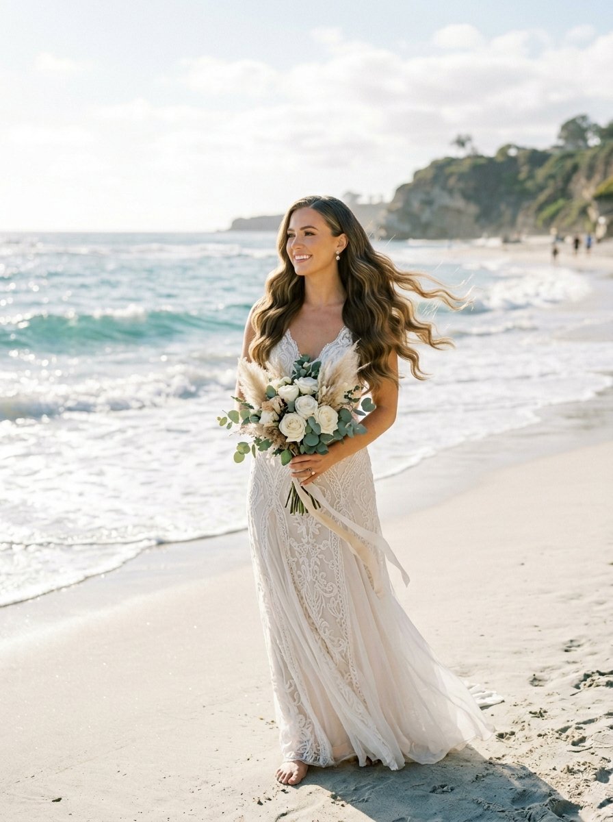 Smiling woman in a lace wedding dress walking barefoot on the sand with a pampas grass and white rose bouquet.