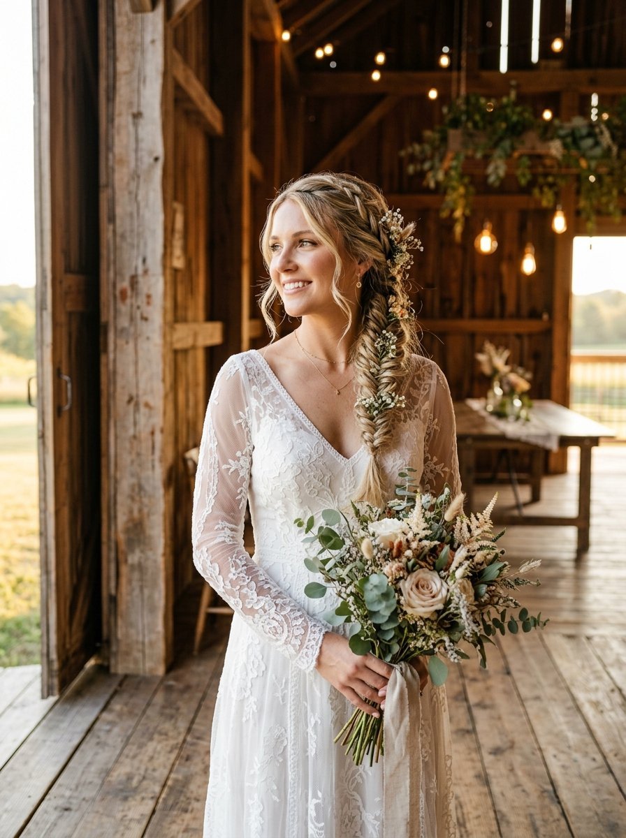 A blonde bride with a fishtail braid and floral bouquet stands inside a sunlit wooden barn.