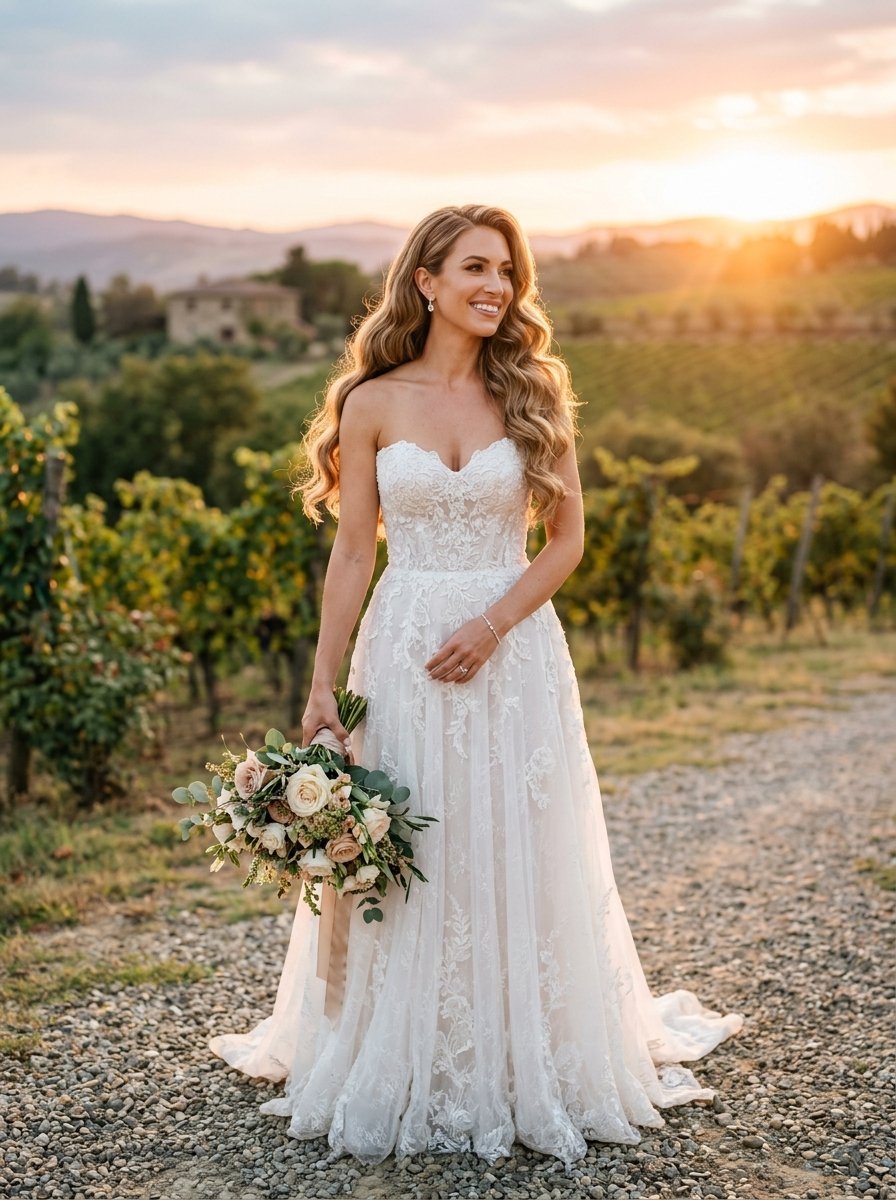 A smiling woman in a strapless white wedding dress holding a flower bouquet in a vineyard during golden hour.