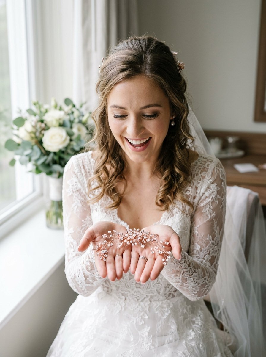Smiling bride in white lace gown holding a sparkling rose gold bridal hair vine in her palms.