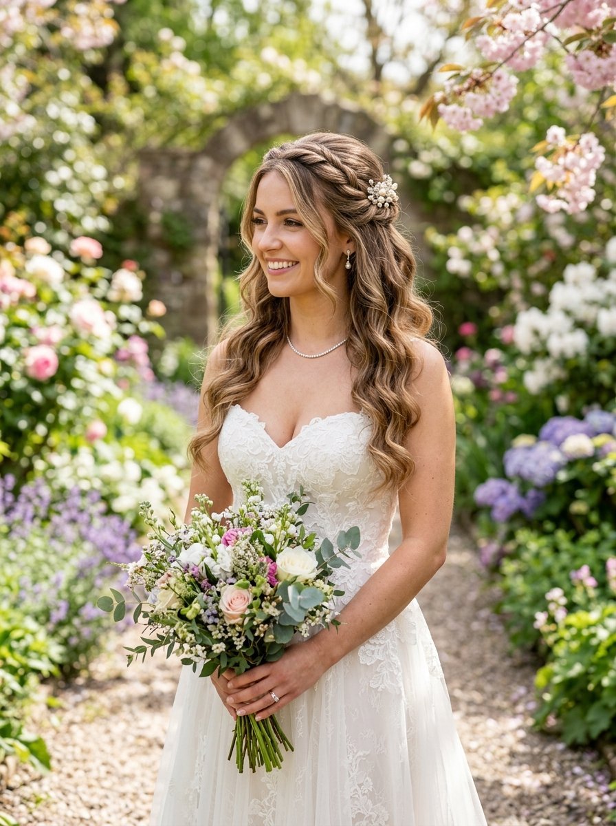 Smiling woman in a lace wedding gown holding a rustic flower arrangement in a lush, floral garden path.