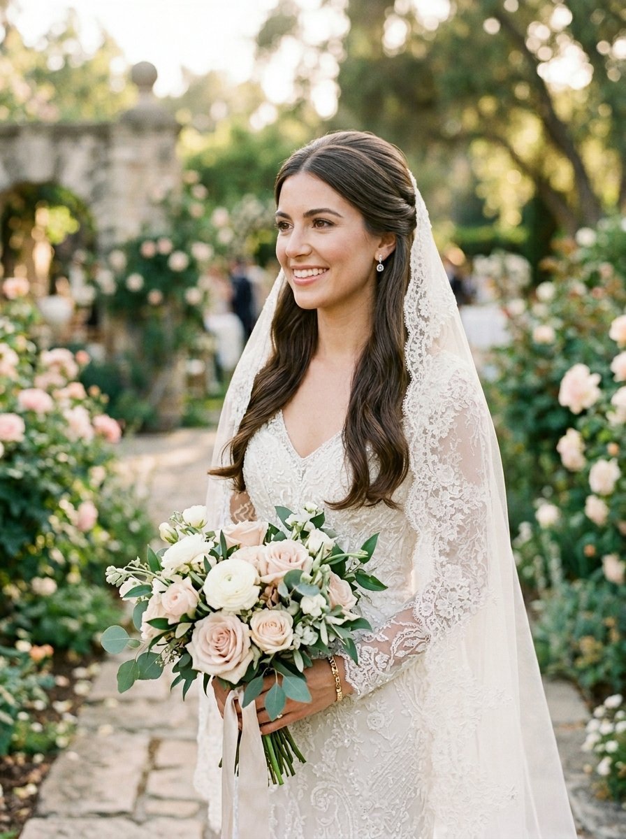 Portrait of a smiling bride in a long sleeve lace wedding dress and veil holding a bouquet of roses.