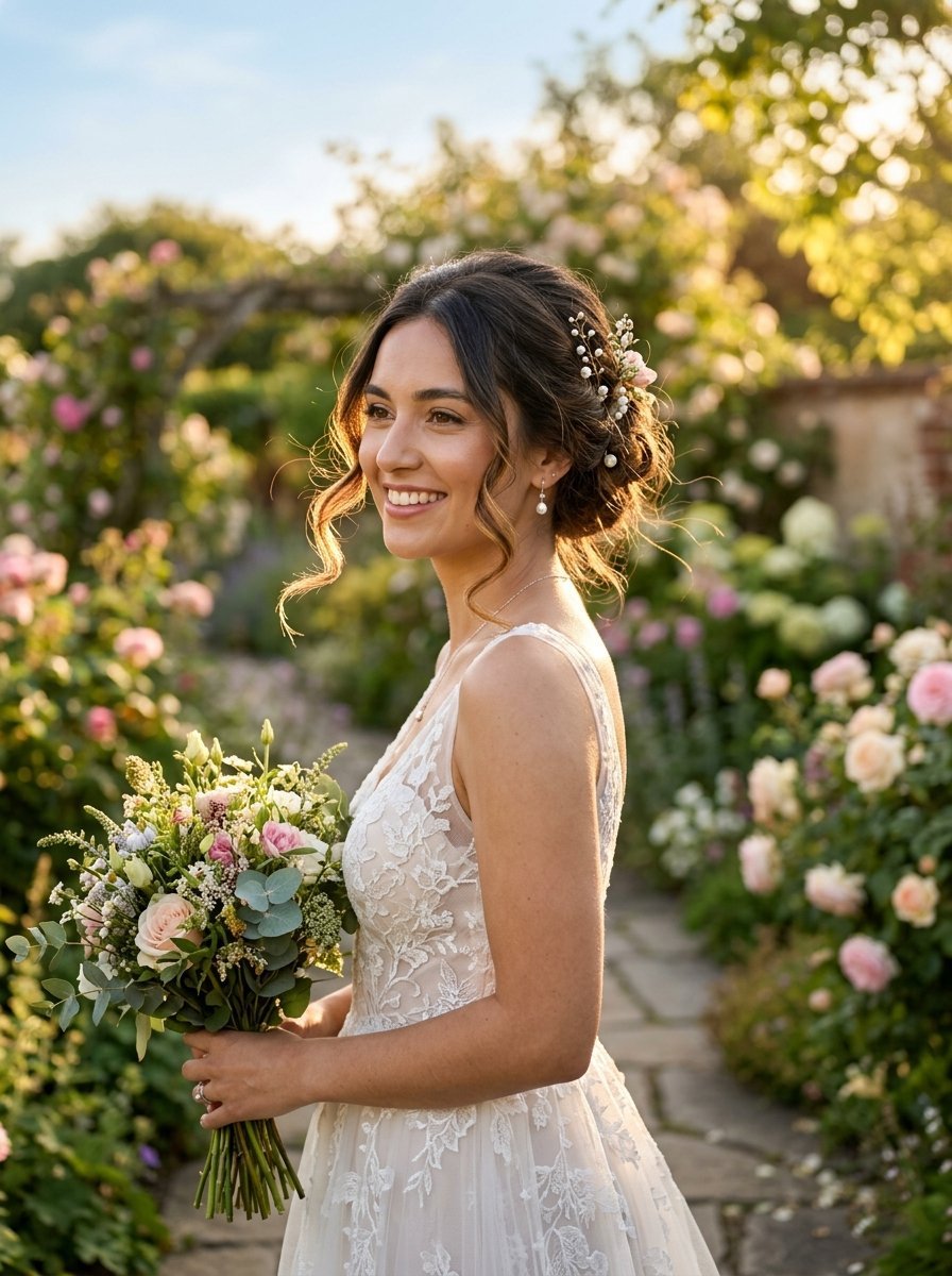 Young bride with an elegant updo and lace gown holding a colorful bouquet in a lush, blooming rose garden.