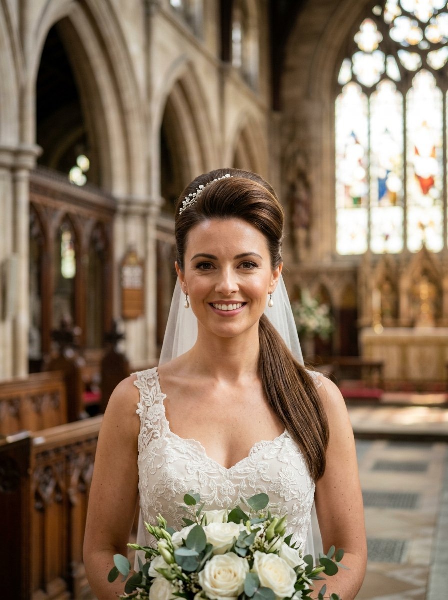 Smiling bride in lacy wedding dress stands in a church holding a white rose bouquet.