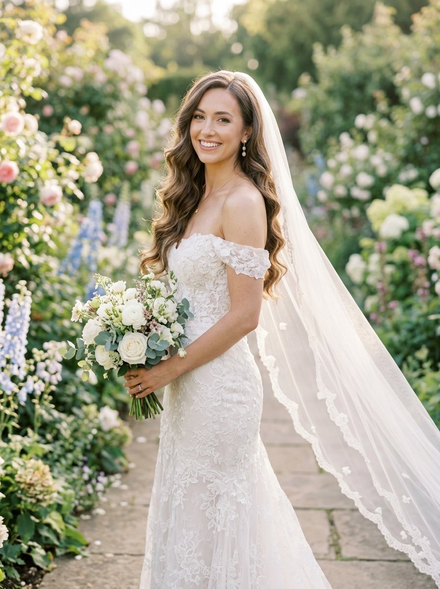 A smiling woman wearing a white off-the-shoulder lace wedding dress and long veil stands in a blooming garden.