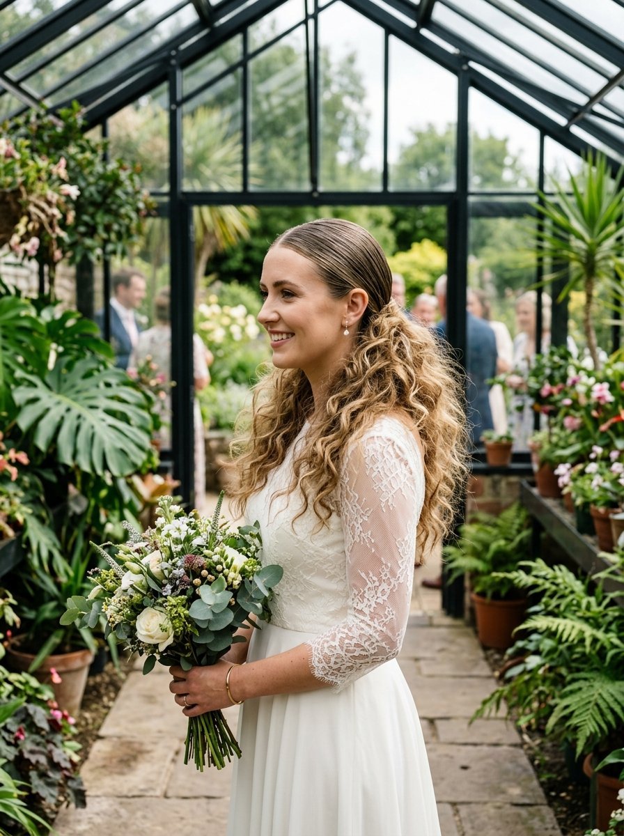 Profile view of a curly-haired woman in a lace wedding gown standing in a lush garden greenhouse.