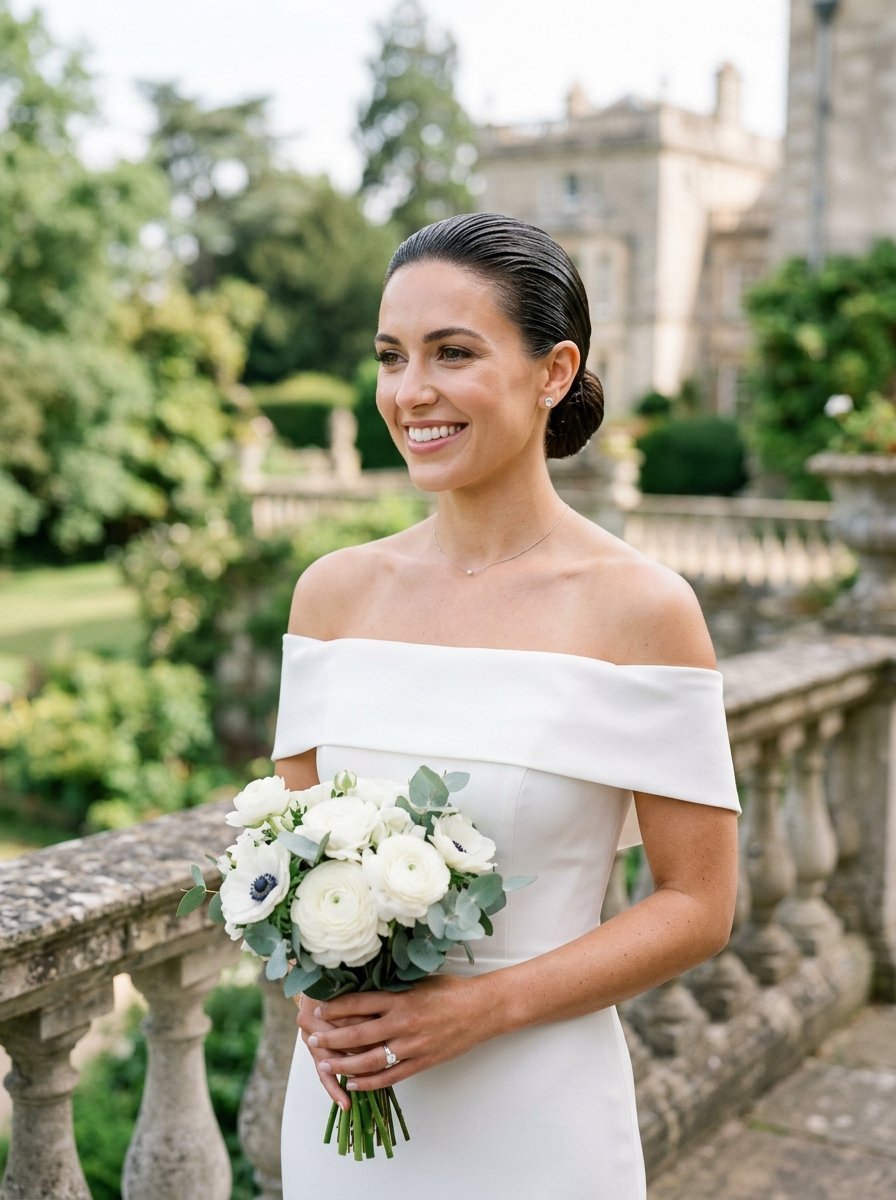 A bride in an off-the-shoulder wedding gown stands on a stone terrace holding a bouquet of white flowers and eucalyptus.