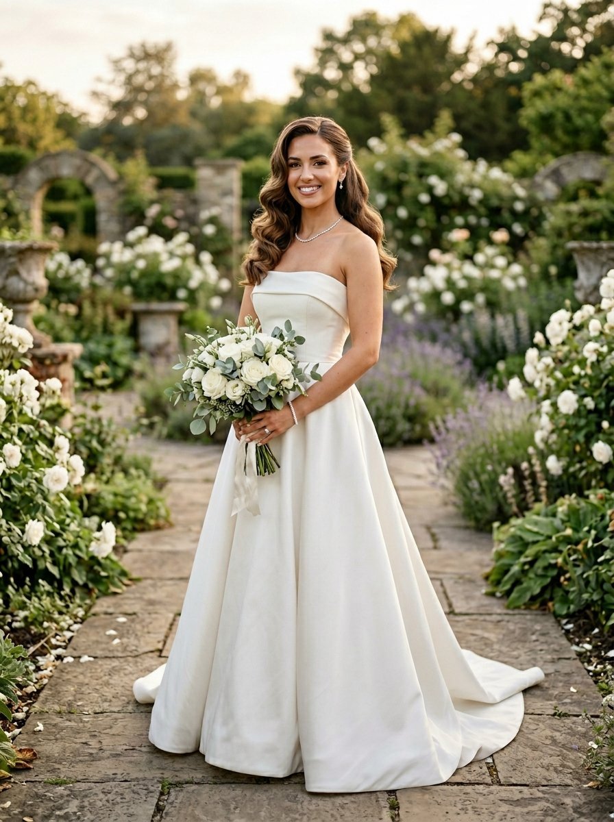 Young bride with long wavy hair holds a bouquet of white roses and eucalyptus in a stone garden path.