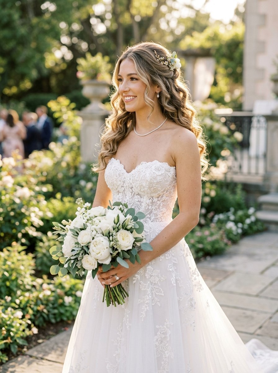 Young bride with long wavy hair in a lace wedding dress standing in a garden.