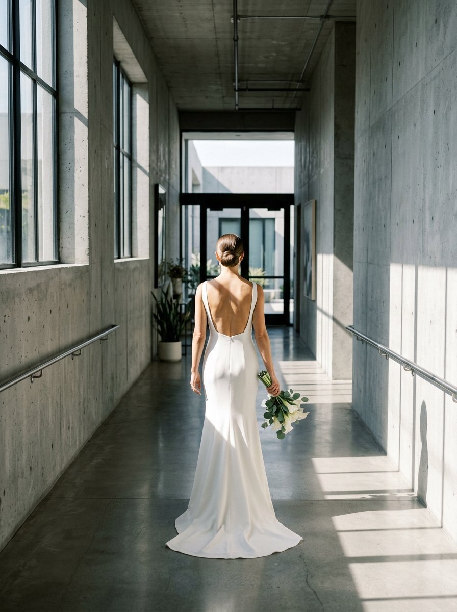 A woman in a floor-length white gown stands in a sunlit concrete corridor holding a wedding bouquet.