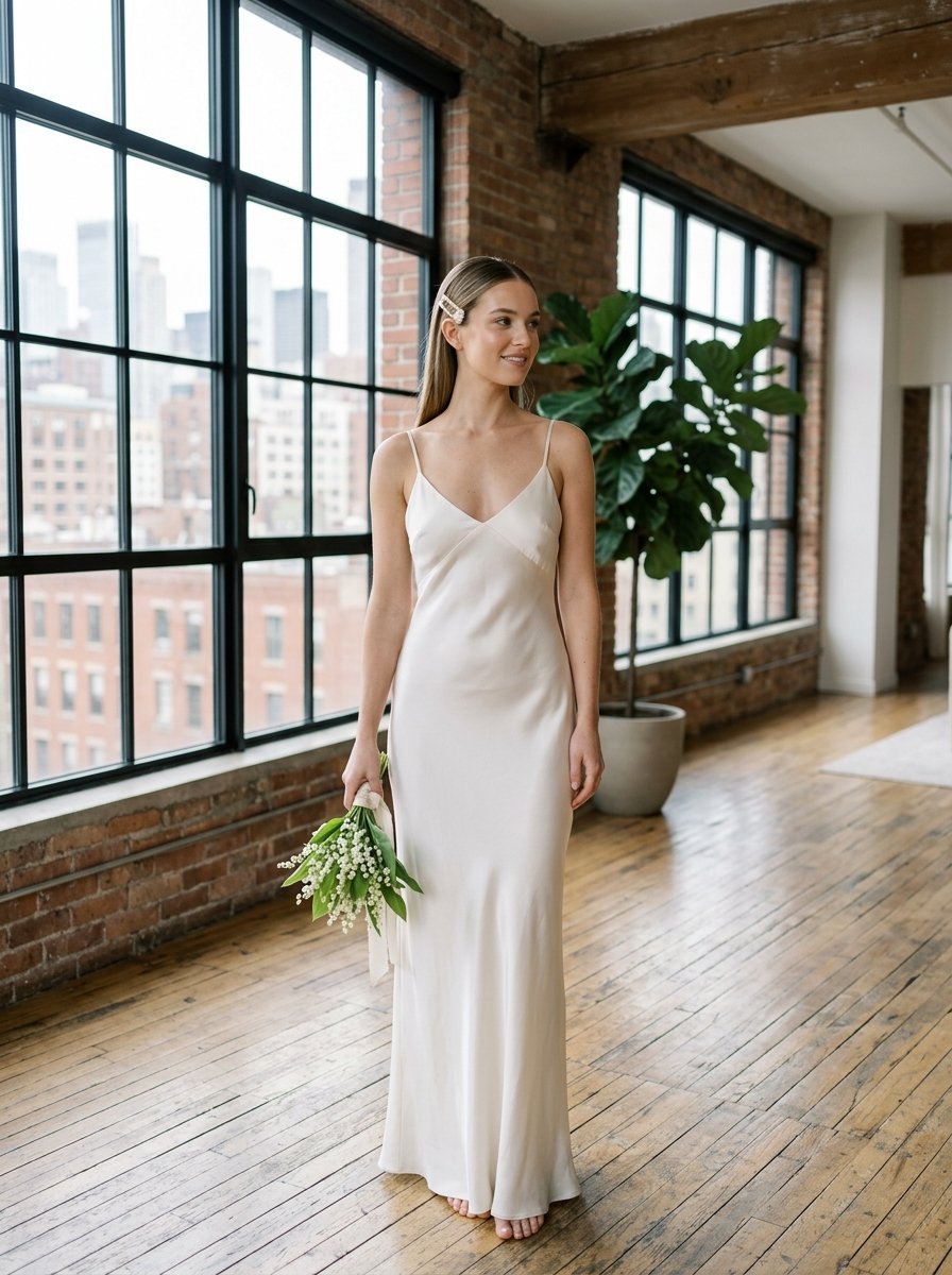 A woman in a cream silk slip dress holding a bouquet of lily of the valley in an urban loft studio.