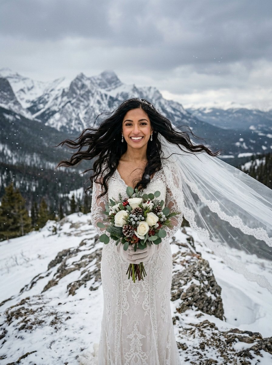 A smiling bride wearing a lace wedding dress and veil stands on a snowy cliff with mountain peaks in the background.