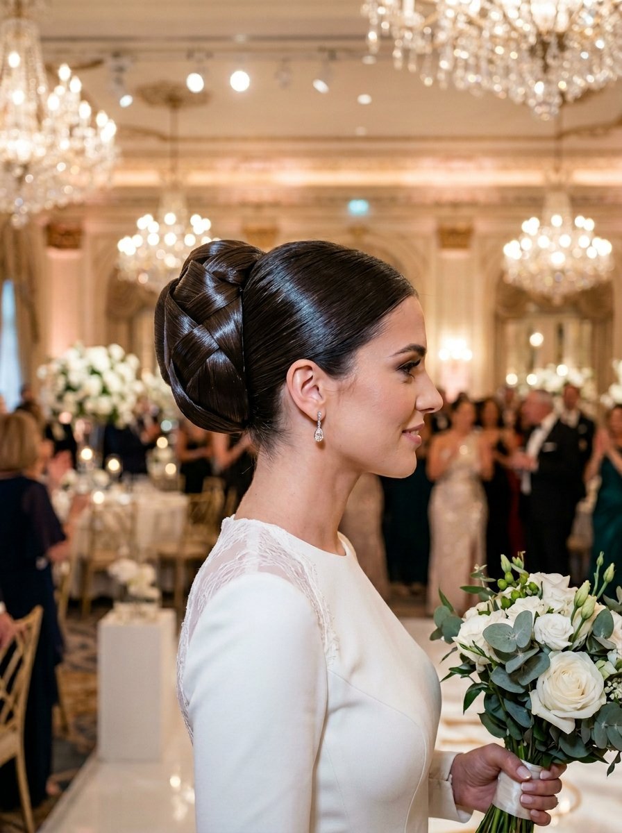 Side profile of a bride in a white gown wearing a sophisticated, glossy braided updo with a white flower bouquet.