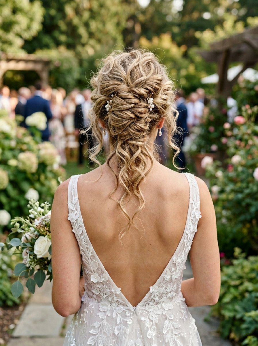 Back view of a blonde bride with curled hair in a braided style wearing a lace bridal gown in a garden.