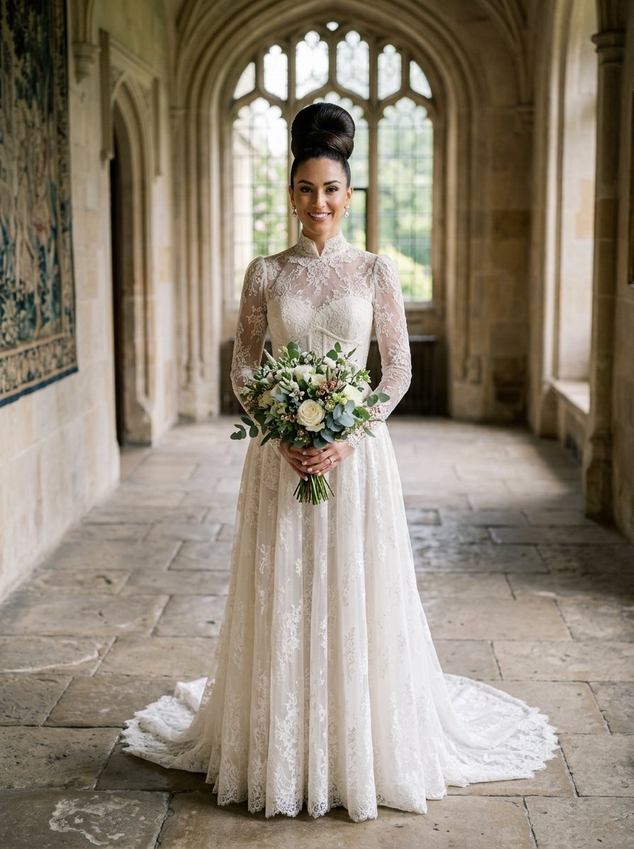 A smiling woman in a long-sleeved lace wedding dress stands in an old stone corridor holding white flowers.