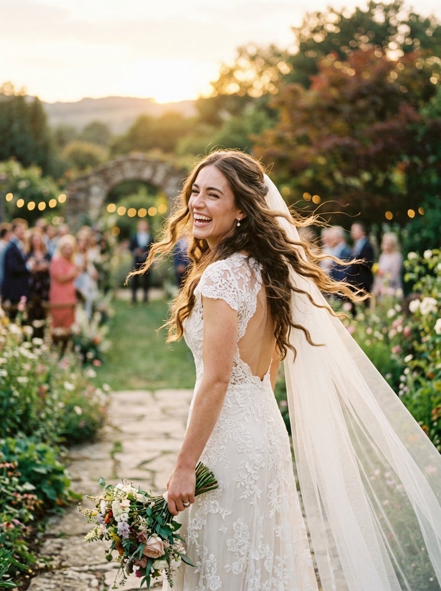 A joyous bride in a lace gown with a long veil walking down a stone path holding a wildflower bouquet.