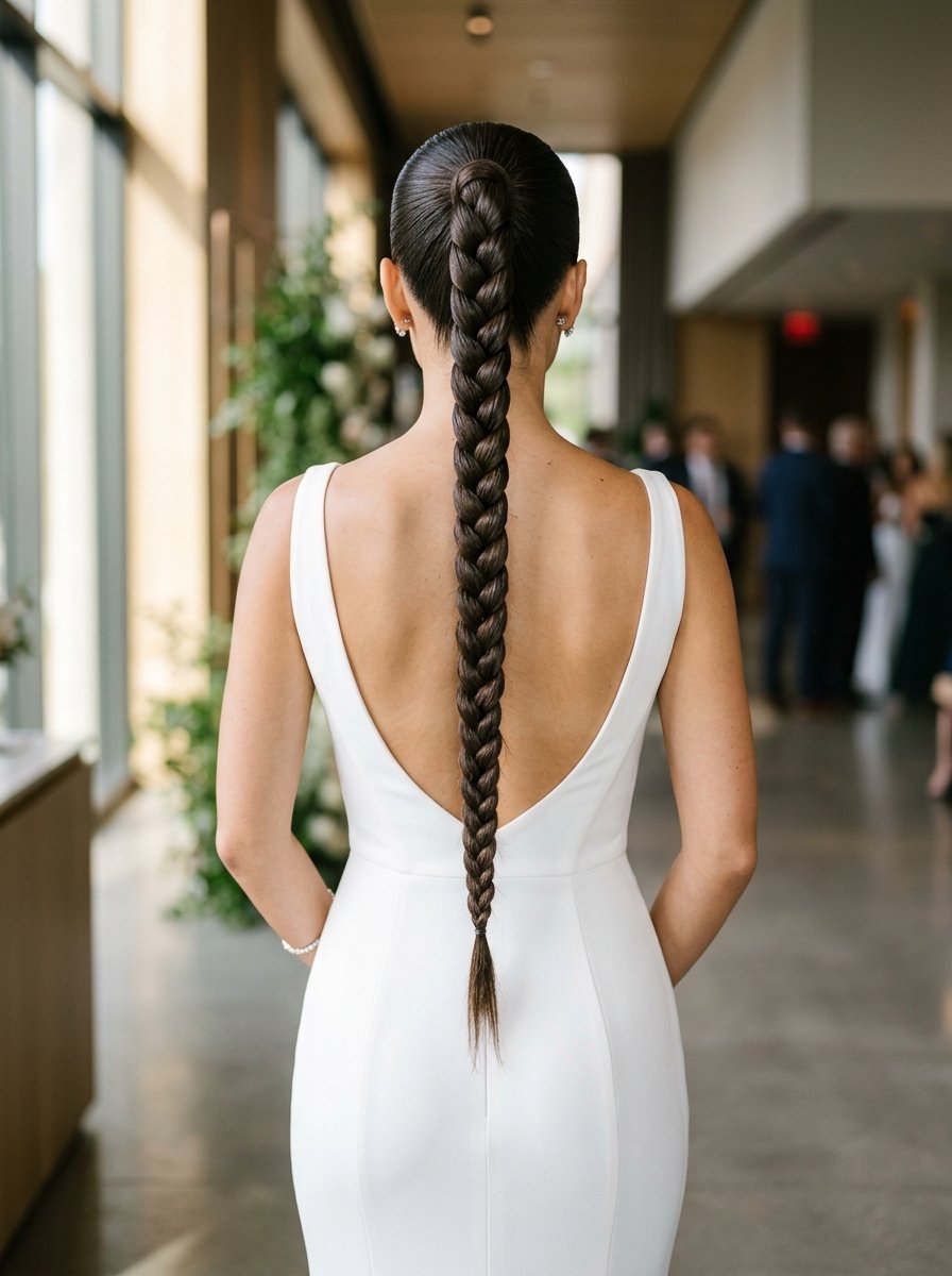 Back view of a woman with a sleek, long, dark braided ponytail wearing a minimalist white wedding gown.