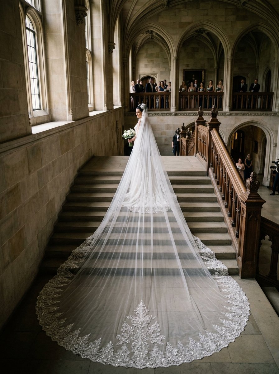 Bride in a detailed white wedding gown with an extremely long lace veil standing on grand stone stairs.