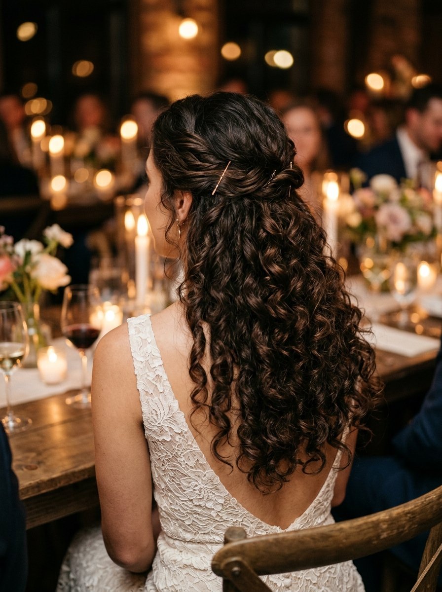 Back view of a woman with long brunette curly hair in a half-up style sitting at a candlelit table at a wedding.