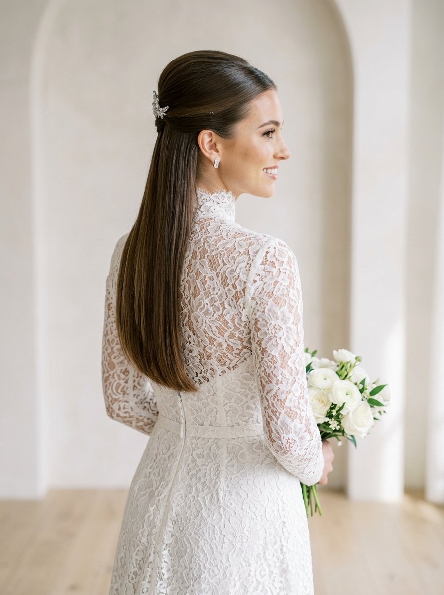 Back view of a smiling bride holding white flowers and wearing a long sleeved lace wedding gown.
