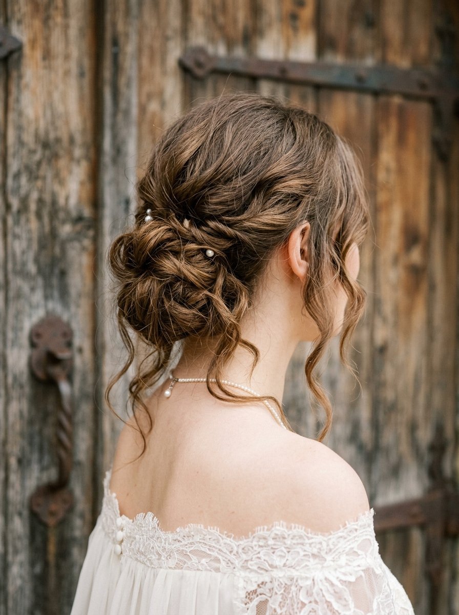 Back view of a woman with messy low bun updo and pearl pins against rustic wooden doors.