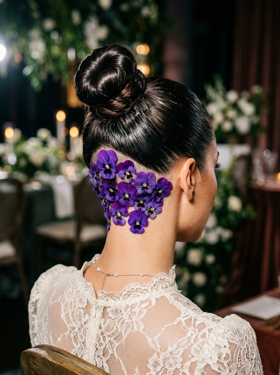 Close up of a woman wearing a white lace dress with purple pansies decorated on her shaved nape under a high bun.