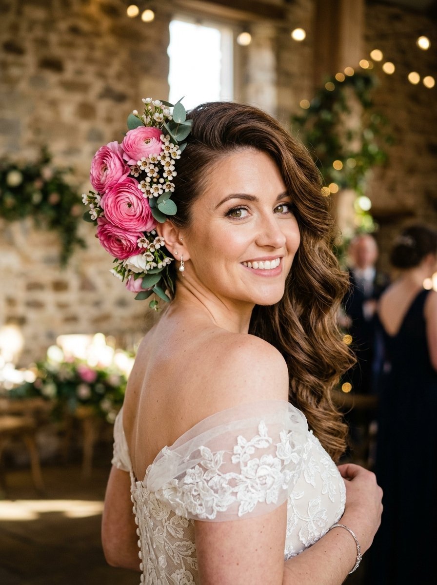 Close-up of a smiling bride wearing an off-the-shoulder lace gown and a large pink ranunculus flower hair arrangement.