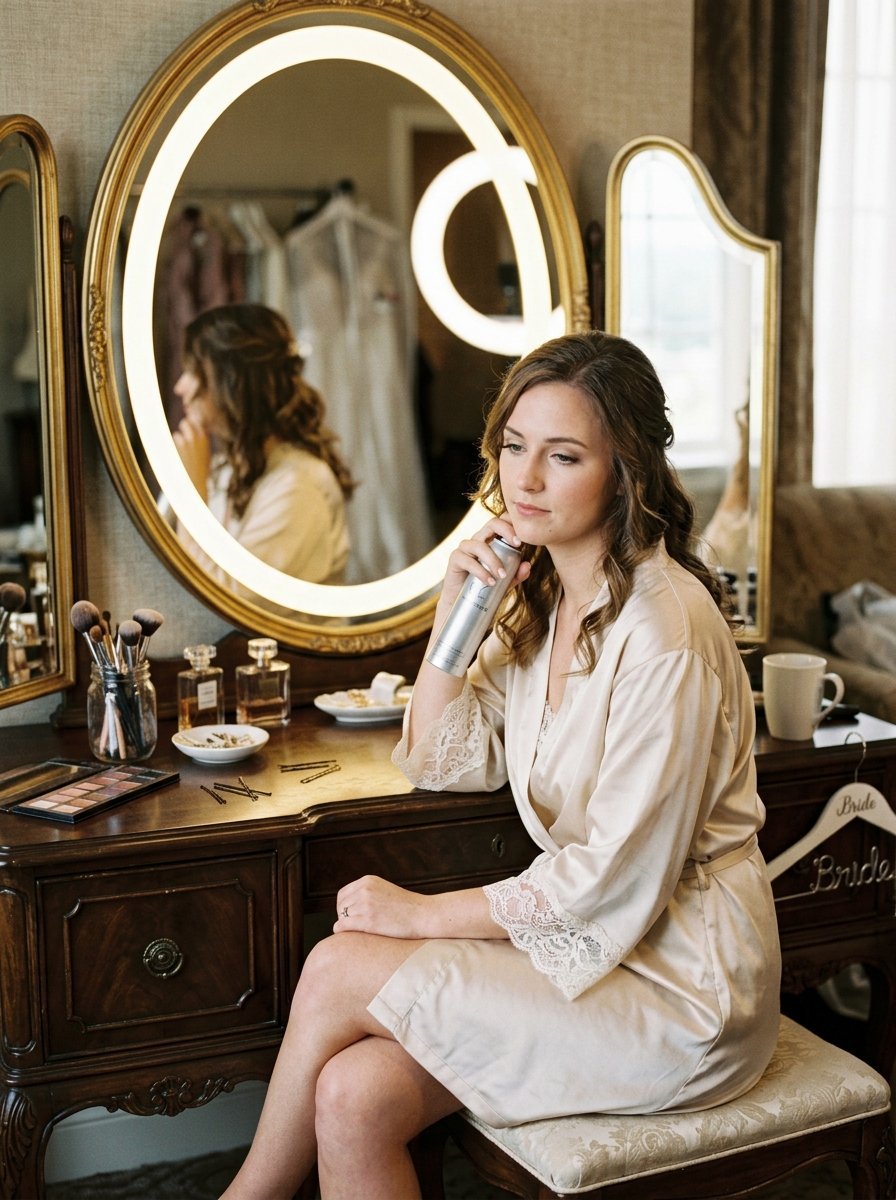 A woman in a silk robe holding hairspray at a vintage vanity with an illuminated oval mirror.