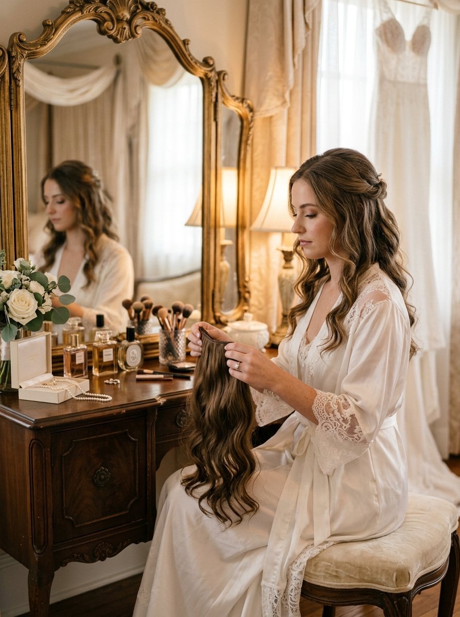 Young woman in a white lace robe sitting at a vanity holding brown hair extensions before her wedding ceremony.