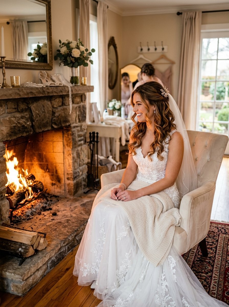 A bride in a white lace wedding gown rests in an armchair with a blanket next to a stone fireplace.