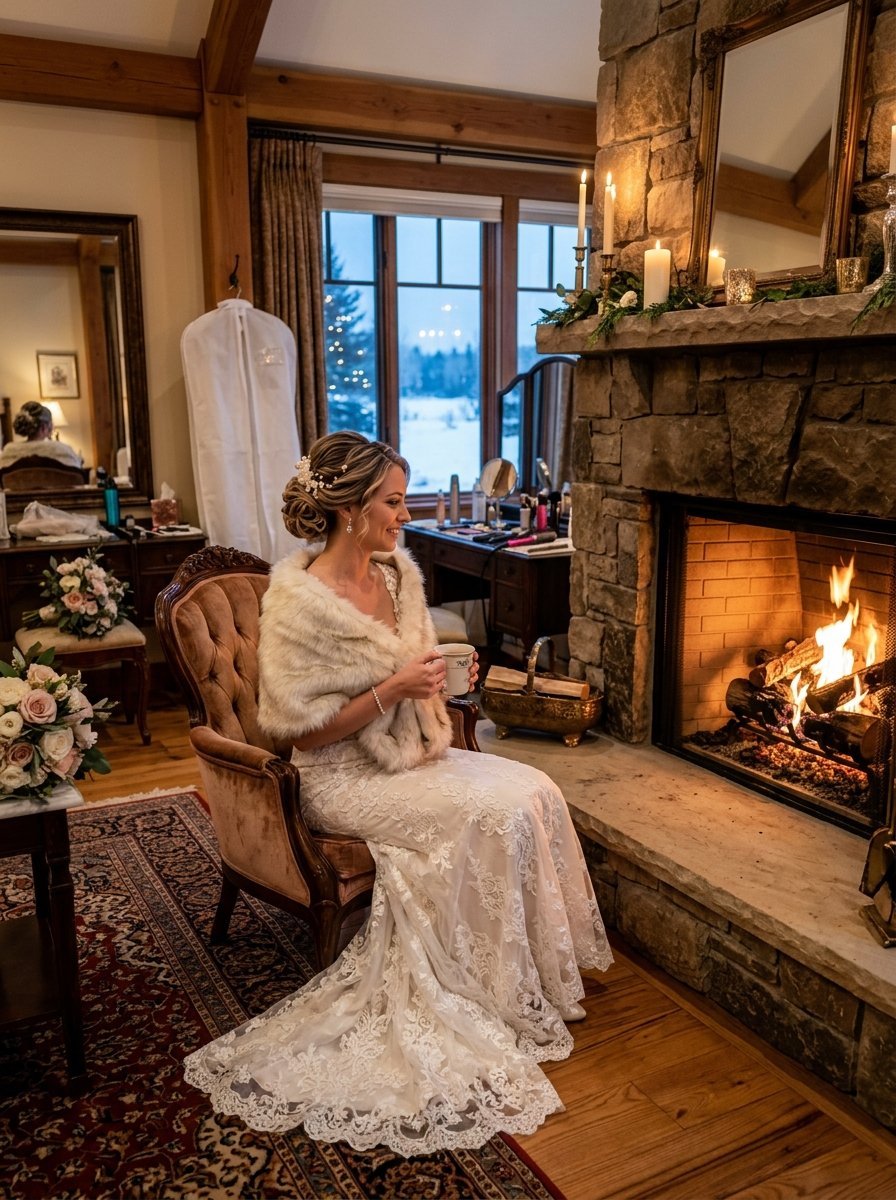 A bride in a white lace gown and faux fur shawl sits in a velvet chair holding a mug beside a stone fireplace.